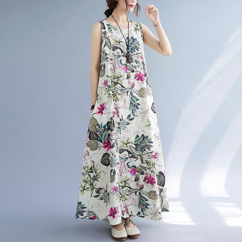 Plus Size Women Summer Retro Floral Print Sleeveless Dress Round Neck Cotton Linen Loose Long Maxi Dresses