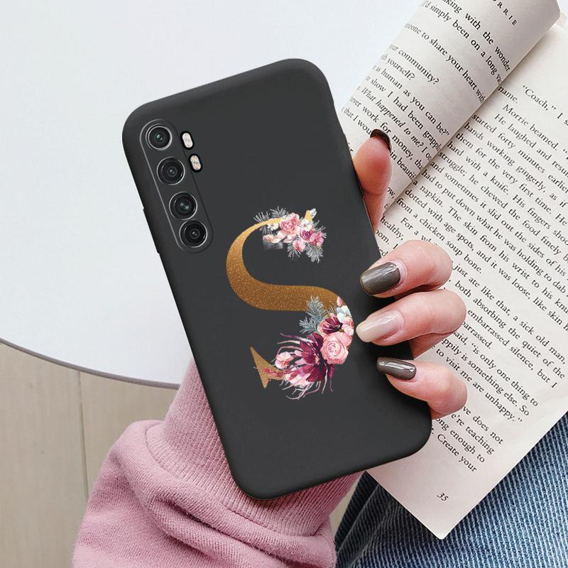 Letter Case For Xiaomi Mi Note 10 Lite Back Cover Retro Flowers Pink Black Soft TPU Initial Fundas For Xiaomi Note10 Lite Coque