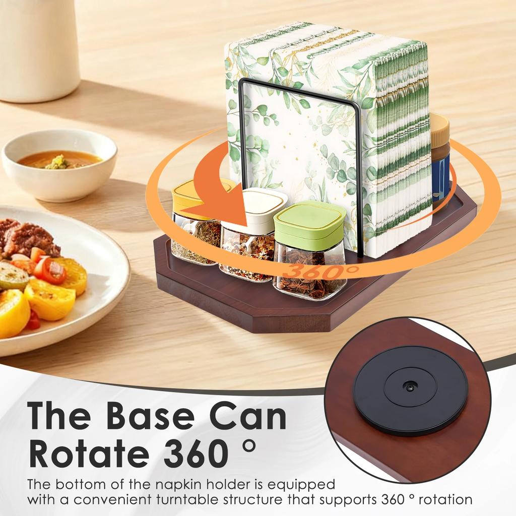 Napkin Holder Metal and Wood Standing Napkin Dispenser with 360° Rotating Storage Base Kitchen Organizer for Counter Decoration