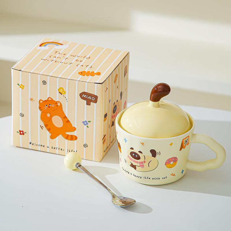 Fun Kitten Mug with Lid Office Cute Ins Ceramic Water Cup Personalized Creative Gift Cup