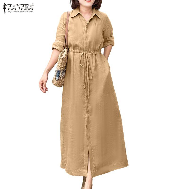 ZANZEA Women Casual Turn Down Collar Loose Long Sleeve Dress