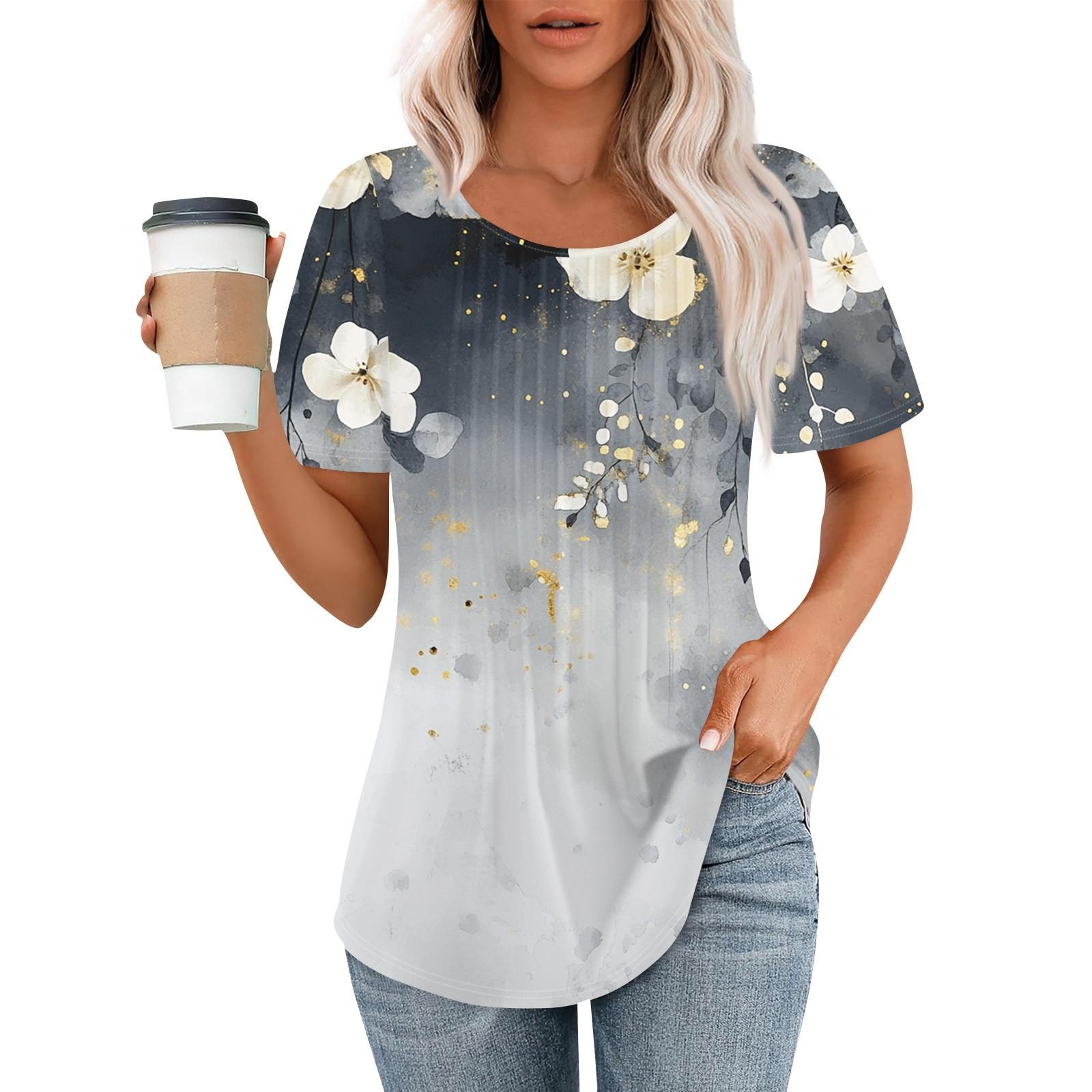 

Женская модная повседневная плиссированная футболка в полоску с круглым вырезом и цветочным принтом с короткими рукавами, топ L синий