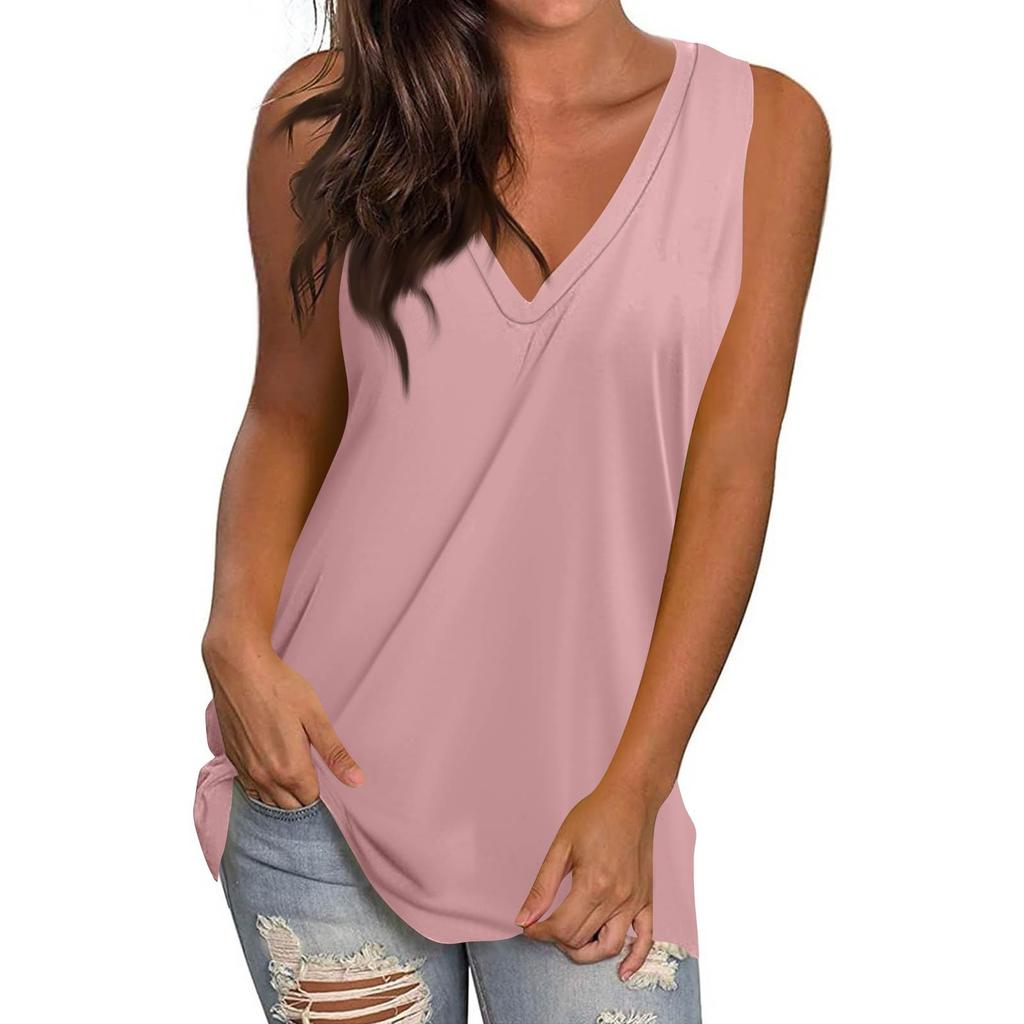 Women's Casual Fashion V-Neck Sleeveless Top Solid Color Vest T-Shirt