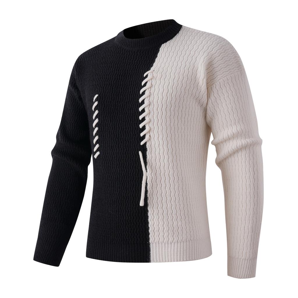 Autumn And Winter Men'S Crew Neck Color Matching Sweater Woven Rope Youth Leisure Bottoming Knitted Sweater