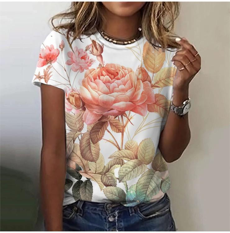 2025 Casual Sports Women's T-shirt Summer New Style Garden Collar Short Sleeve Fresh Floral Loose Lightweight Fabric Casual