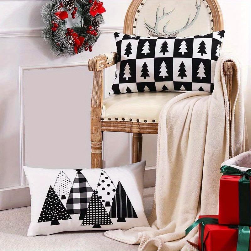 1PCS Christmas Tree Pattern Pillowcases: Black & White Festive Decor Sofa bed cushion cover, New Year home decoration