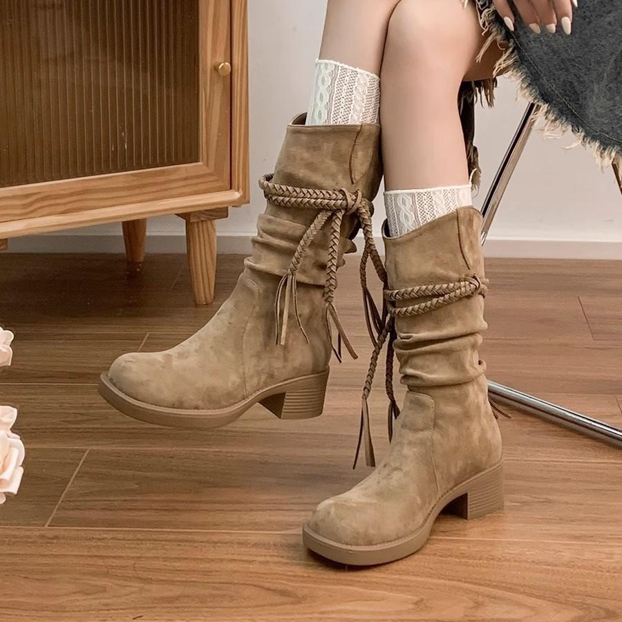 Verze z hovězí kůže~ dámské boty na silné podrážce v retro stylu, rytířské boty z pravé kůže, matné s třásněmi, jutový provaz, silný podpatek, středně vysoké boty