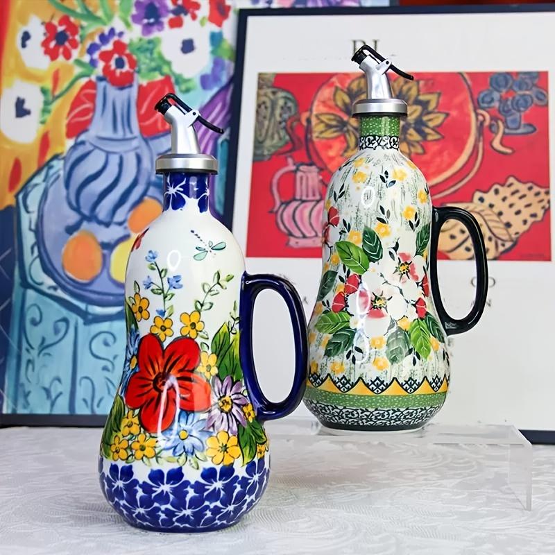 1pc Large Capacity Ceramic Oil Pot, Hand Painted Olive Oil Pump with Handle, Elegant Floral Design, Kitchen Accessories and Decoration for Home