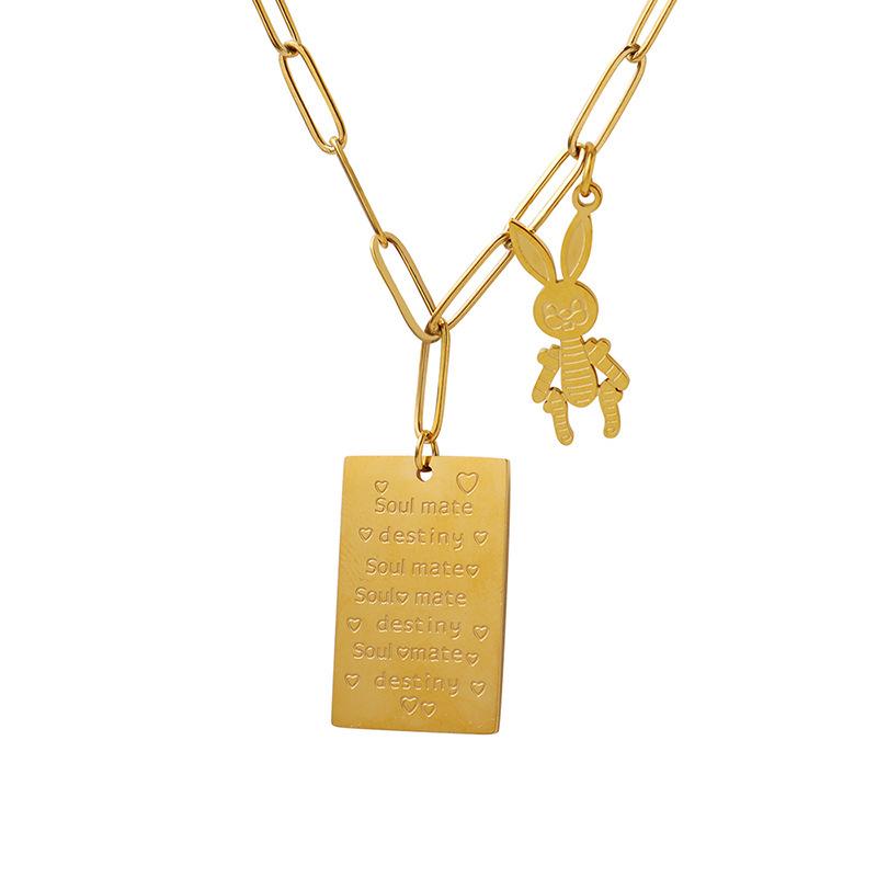 Love Letter Rabbit Pendant Necklace: Rectangle, Long Chain, Fade-Resistant Gold-Plated Titanium Steel.