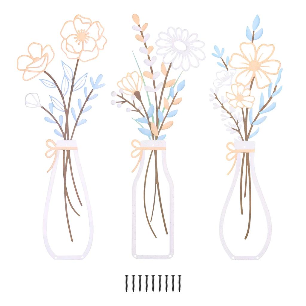 3 Pcs Metal Flowers Wall Art Exquisite Metal Vase Wall Decor Floral Ornaments Rustic Farmhouse Decor for Living Room Bathroom