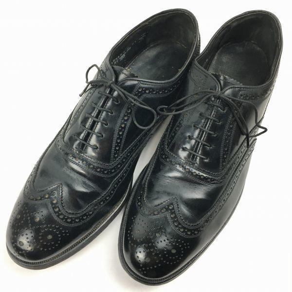 80s USA Made Vintage FLORSHEIM Full Brogue Wingtip Shoes Black Size 9D/26.5-27.0 Men's(USED)