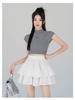 Women's White Ruffle Puff Cake Dress - Ballet Style, High Waist, Petite A-Line Midi Skirt