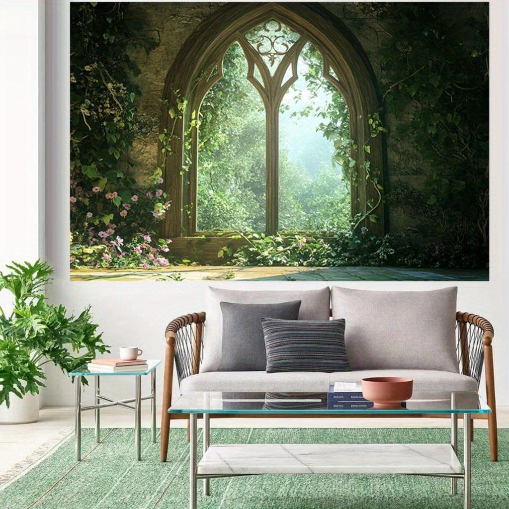 2D flach, 1 Stück verzauberter Wald-Fensterstoff-Hintergrund: gotisches Bogenfenster mit Efeu und Vegetation, realistischer Lichteffekt und Schatten,