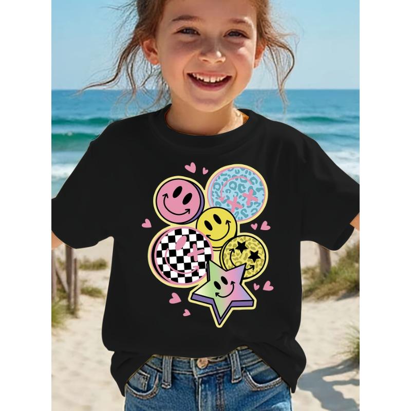 

European sizes [Summer Fashion, Girls T-Shirt] Summer Fashion Girls Starry Eye and Heart Cartoon Print Short-Sleeve T-Shirt | Casual Top 98cm чёрный