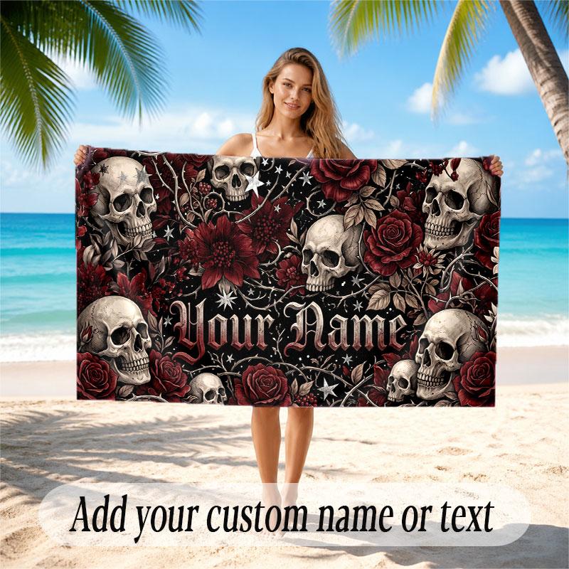 Skull Gothic Theme Beach Towel Personalized Custom Name & Text Soft Quick Dry Beach Towel for Swimming Travel