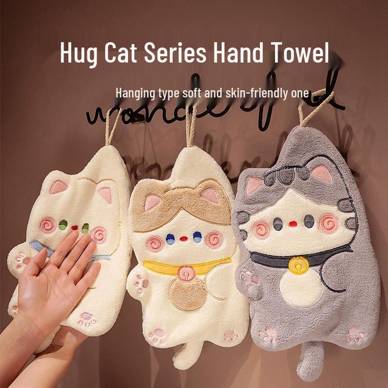 Cartoon Cat Coral Fleece Hangable Hand Towel - Thick, Absorbent, Dual-Use for Kitchen & Bathroom.