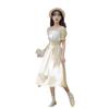 Summer new French temperament medium and long square collar design sense niche elastic waist thin dress women