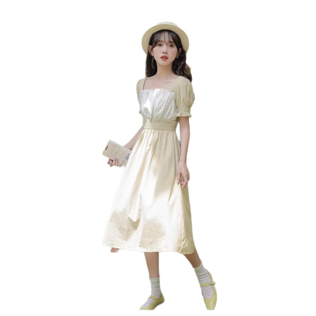 Summer new French temperament medium and long square collar design sense niche elastic waist thin dress women