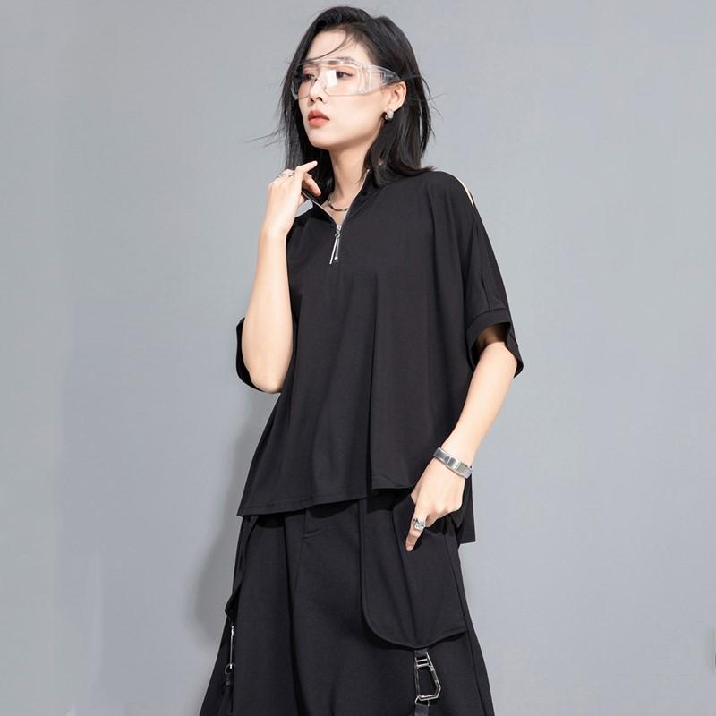 Tricou de vară casual larg supradimensionat cu mânecă scurtă Negru vintage Topuri tricou Femei