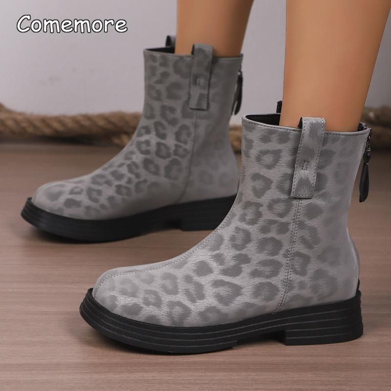 Fashion Women Round Toe Short Boots Autumn Winter Retro Leopard Women's New Size 36-42 Back Zip Ankle Booties Botas Para Mujer Fashion