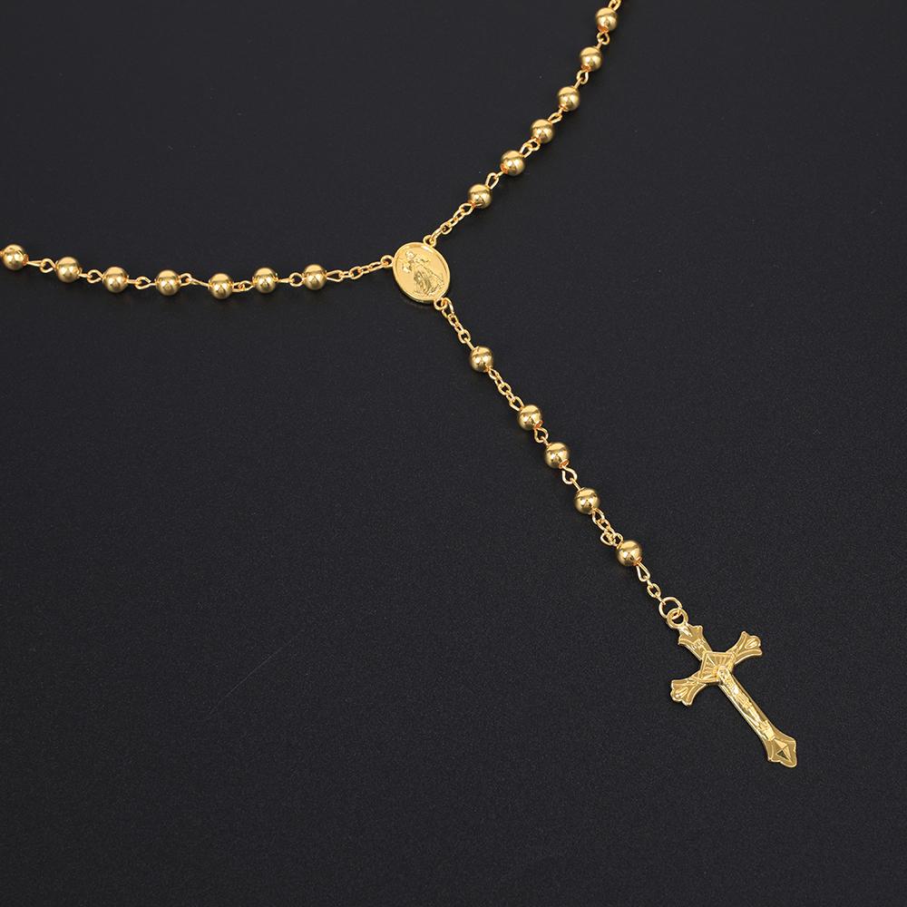 6MM Rosary Necklaces For Women Men Long Gold  Color Chain Crucifix Cross Pendant Necklace Religious Prayer Jewelry Gift