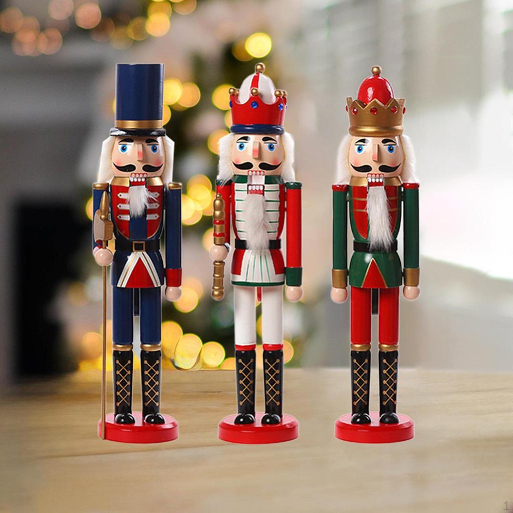 3Pcs Wooden Christmas Nutcracker Tabletop Ornament Crafts Handmade Stable Base Seasonal Decor for