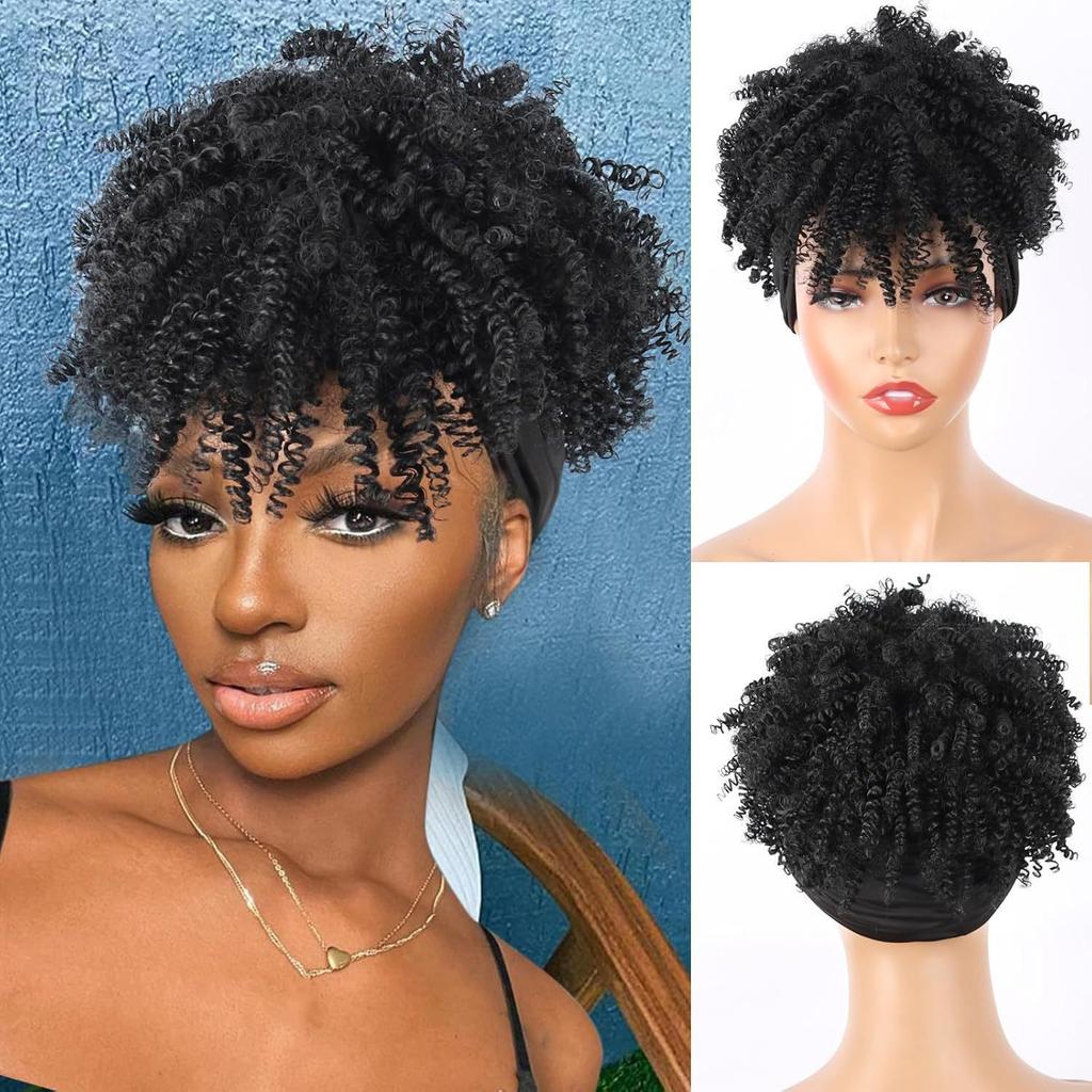 Afro Curly Kinky Synthetic Head Wraps Short Drawstring Puff Wigs with Small Cap Headband Scarf Wigs