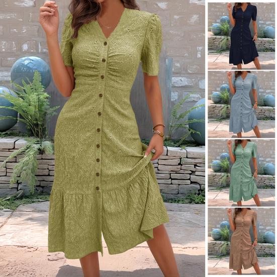 Women's Button Down Ruched Long Dress Casual Short Sleeve V-Neck Maxi Dress Summer Beach A-Line Swing Sundress