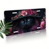 2D Flat Black Cat Flower License Plate Frame, Rustproof Aluminum Car Tag Cover, Universal 5.9x11.8in Elegant