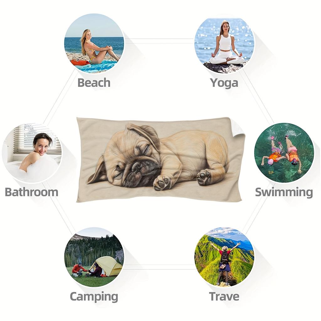 1PC Sleeping Pug Print Beach Towel Polyester Quick-Drying Lightweight Soft Towel for Swimming Surfing Camping Travel Beach Essen