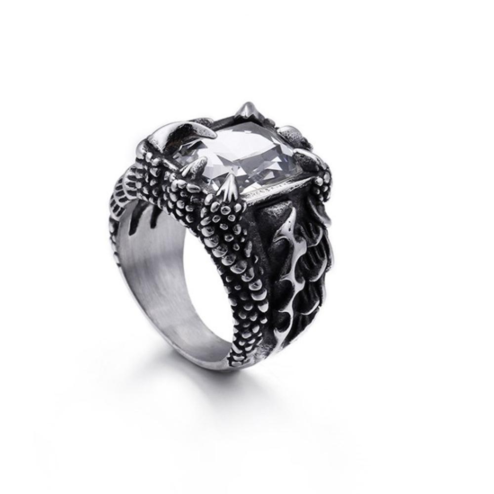 Punk Retro Signet White Red Blue CZ Crystal Zircon Dragon Claw Ring Men Women Stainless Steel Biker Rings Jewelry