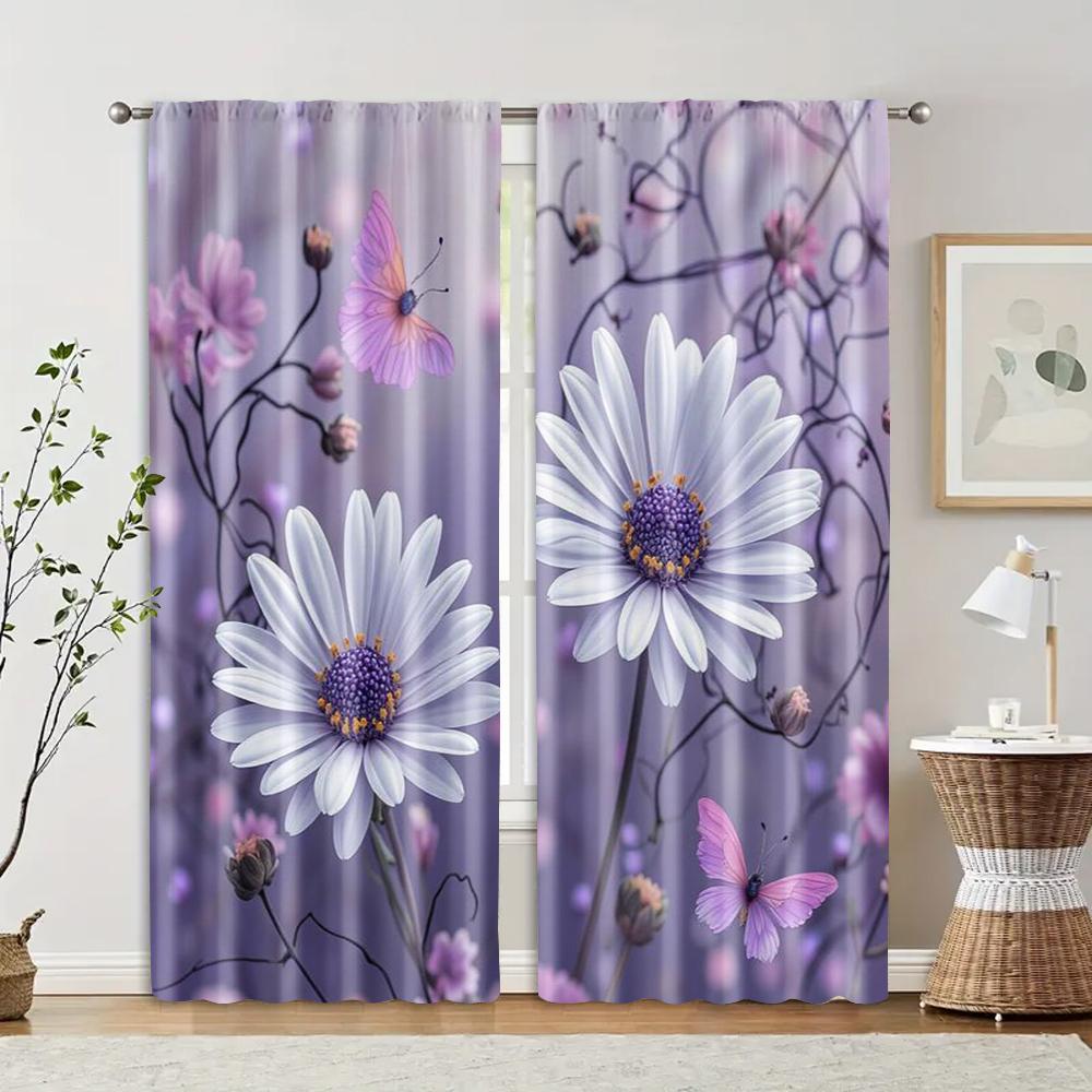 2pcs Romantic Purple Daisy Print Curtains Butterfly and Flower Pattern Polyester Window Drapes for Living Room Bedroom Decor