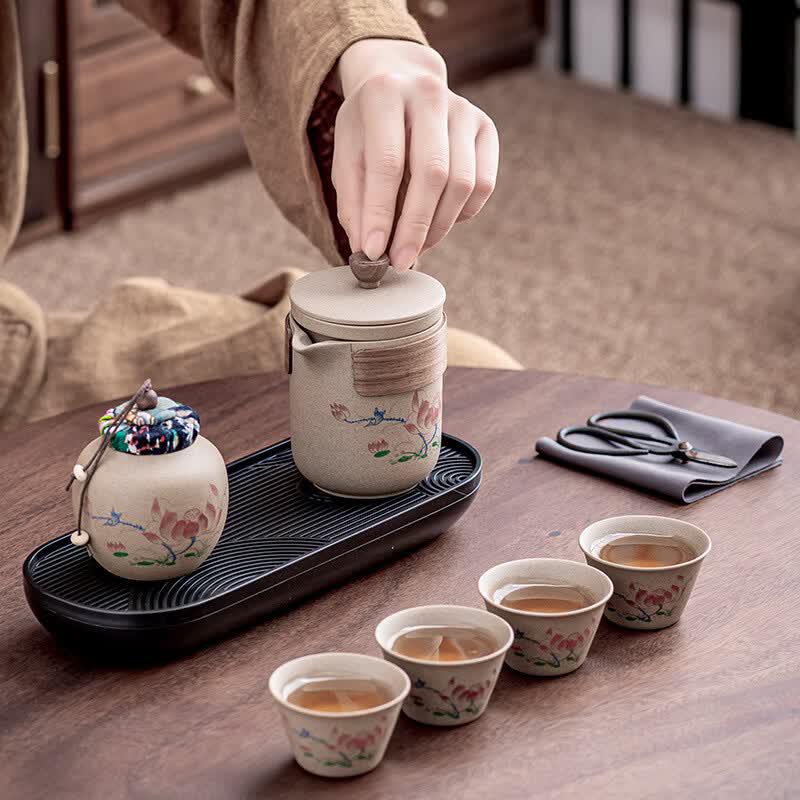 Chinese Portable Rough Pottery Travel Tea Set