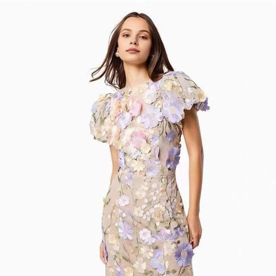 Women Fishtail Dress Round Neck Puff Short Sleeve Embroidered 3D Flower Decor Midi Dress Hip Wrapped Long Dress