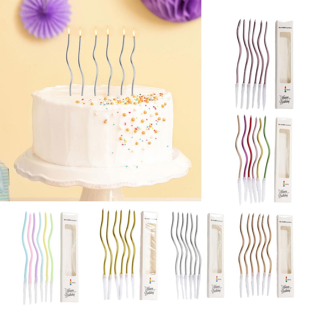 6Pcs Elegant Curved Gold Plated Colorful Cake Candles for Birthday and Baby Shower Cupcake Decorating Party Supplies