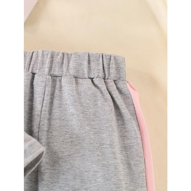 2pcs Girls' Cotton Blend Outfit: Heart Print Long Sleeve Top with 3D Bows & Contrast Color Pants, Regular Fit Machine-Washable Spring