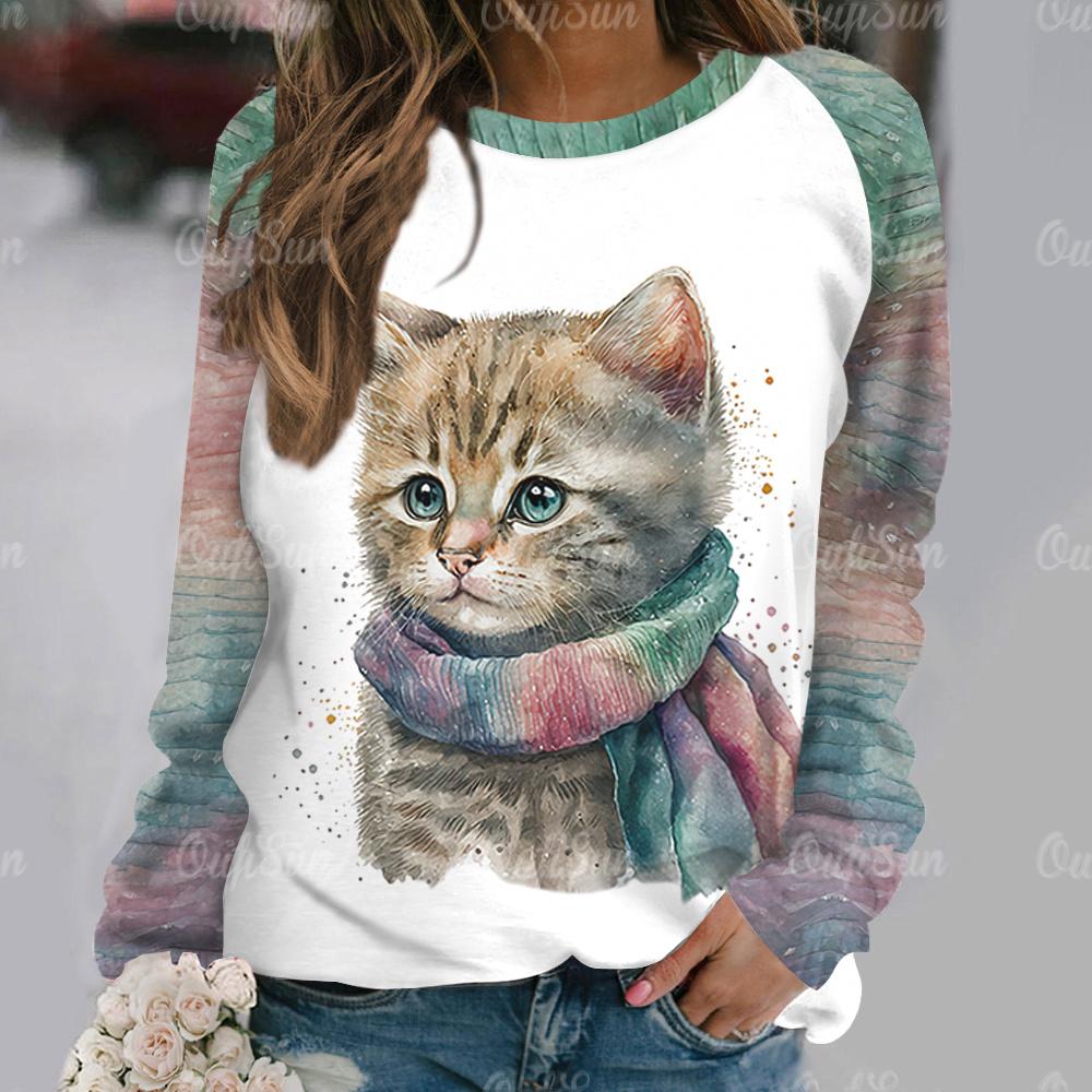 

Winter Long Sleeve T-Shirts for Women Funny Kawaii Cat Animals Print Sweatshirts Kawaii Cat Animals Print Sweatshirts S