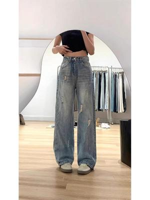 2025 New Style Women's High-Waisted Light Ripped Jeans - Loose, Drapey, Floor-Length Wide-Leg Summer Pants