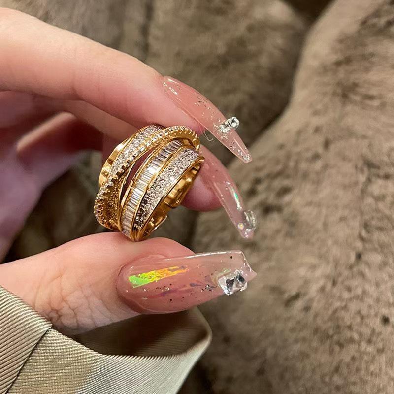 French Luxury Designer Rhinestone Zirconia Adjustable Multi-layer Shiny Index Finger Ring for Women