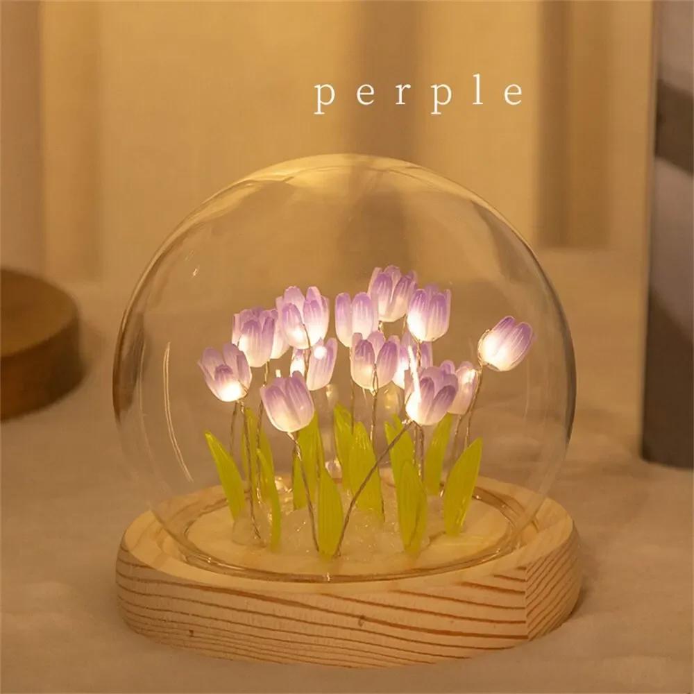Artificial Tulip Night Light with Transparent Cover Handmade DIY Bedside Lamp LED Night Light Home Decoration Atmosphere Light