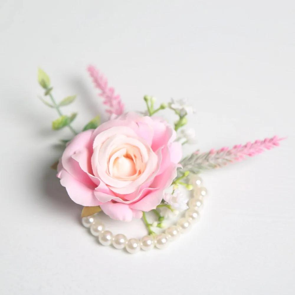 6pcs Rustic Artificial Rose Boutonniere Corsage Set Dusty Rose White Wristband Prom Suit Flowers for Wedding Ceremony