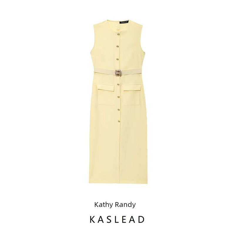 Kaslead New Women clothes Western Style Fashion With Belt Crepe Midi Dress 3897054