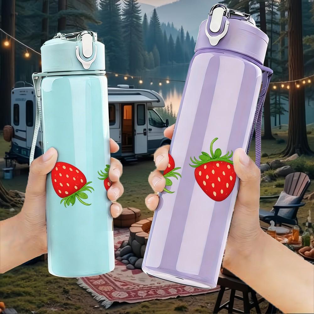 1PC Red Strawberry Fruit Group Pattern Print 750ml Color Plastic Sports Water Bottle Leakproof Flip Straw Lid Suitable for Sports Office Home Use