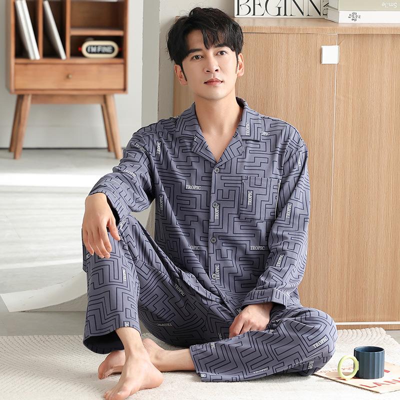 Pajamas Men'S Spring And Autumn Cotton Long Sleeve Large Size Fattened Plus Autumn And Winter Thin Cotton Men'S Loungewear Set