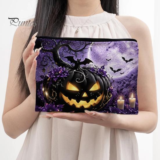 Washable Storage Pouch Bag, with Halloween Pattern Print, Smooth Zipper Durable Canvas Dust-proof Container Organizer, Portable Stationery Case,