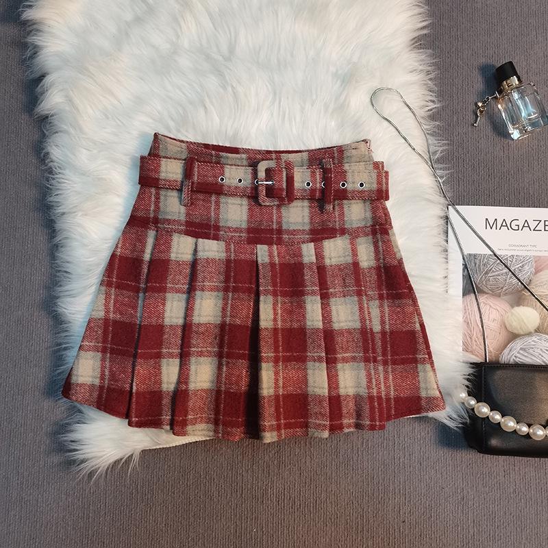 High-Waisted Plaid Woolen Pleated Skirt - Women s A-Line Autumn/Winter 2025 Academy Style XS
