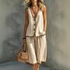 Women Sleeveless Button Front Vest Top and Loose Fit Wide Leg Pants Two Piece Set Casual Linen Blend Summer Outfit