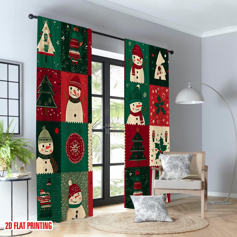 2pcs 2D flat printing Happy Christmas fashion curtains Christmas Snowman Tree Snowflakes Festive Digital Printed Polyester