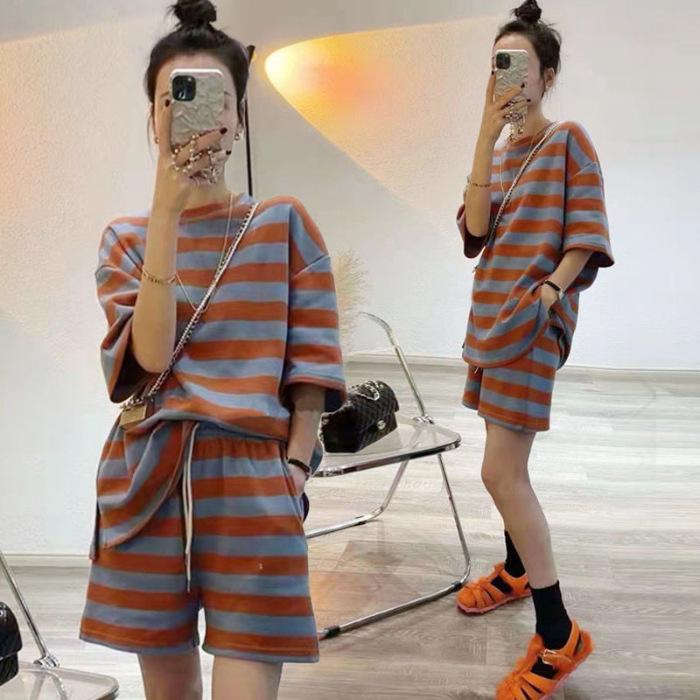 Large Size Casual Sports Suit for Women Summer Korean Style Striped Short-sleeved T-shirt Shorts Two-piece Set