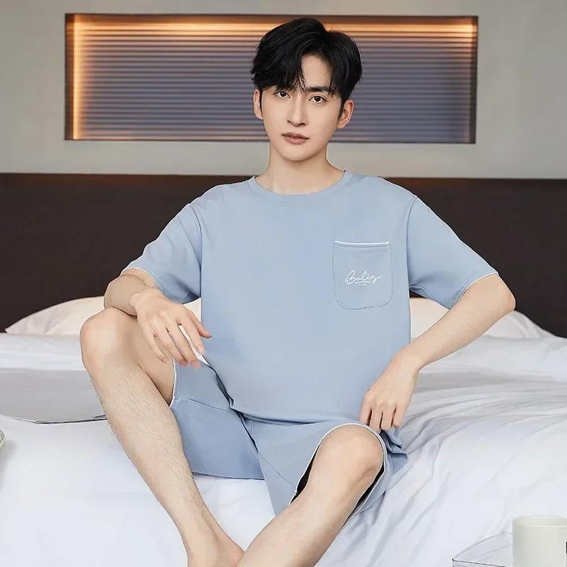 Cotton Men's Pajamas Top and Pants Loungewear Athletic Casual Loose Nightwear Set Solid Sleepwear Homewear Two Piece Suit